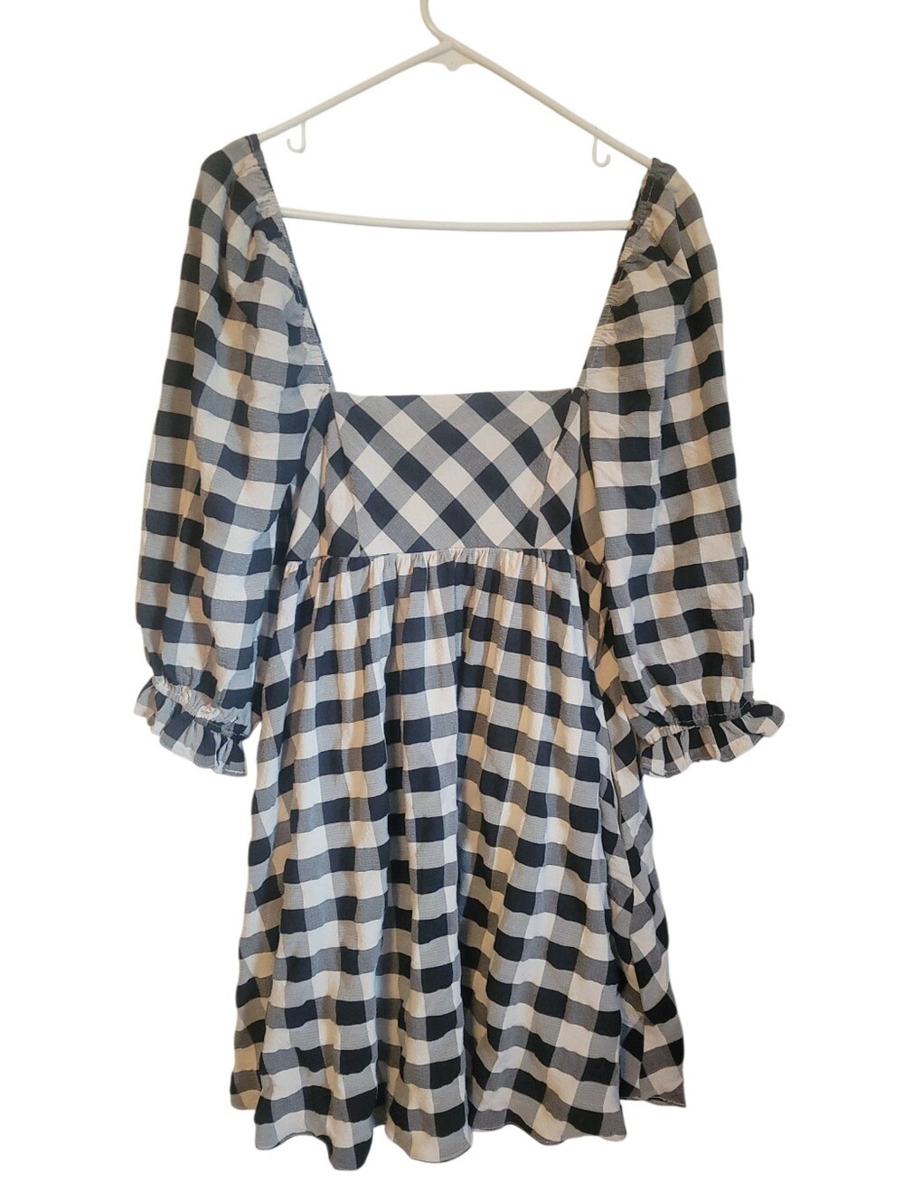 Storia Black White Gingham Babydoll Mini Dress Small Square Neck Puff Sleeve - Picture 2 of 10